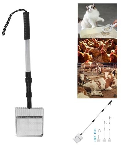 TMRBBesty Pala de arena para gatos, pala para excavar pollos, pala de metal, 3 en 1, retráctil, distancia entre orificios 4-5 mm, herramienta de limpieza para aves de corral, granja, caja de arena