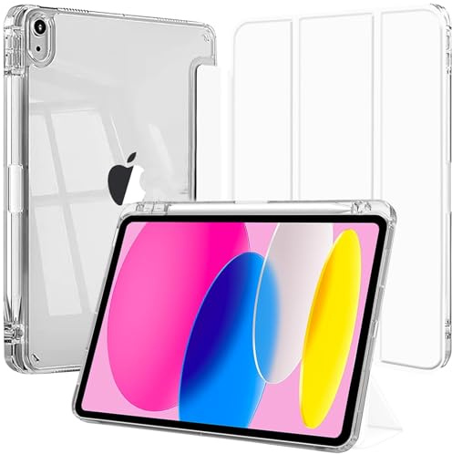 EspZanthic Custodia per iPad (A16) 11a/10a Generazione (2025/2022) con Portapenne e Morbido TPU Bumper, Posteriore Chiaro Trasparente Supporto per Tablet Cover Antiurto, Bianco