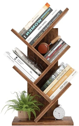 iSunirm 5-Tier Tree Bookshelf, Floor Standing Bookcase, Modern Wood Book Shelf for Bedroom, Living Room, Home Office, 38x20x77cm,Brown