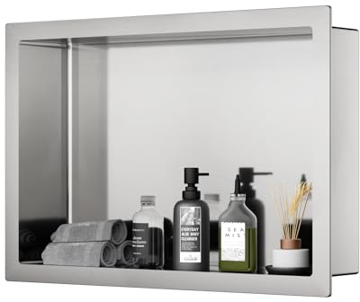ROVOGO 450x300x100mm 304 Stainless Steel Shower Niche, Tile-Free Recessed Wall Niche for Bathroom Storage, Single Shelf Built-in Wall Mount, Brushed