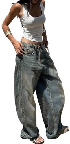 ticticlily Jeans Donna Baggy Vita Alta Pantaloni Denim Larghi Pantalone Gamba Larga Y2K A RetroBlu XL