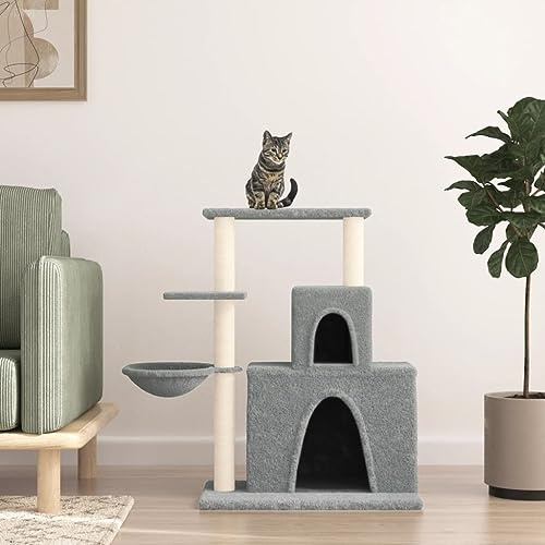 Tiragraffi con colonne in sisal grigio chiaro, 83 cm, torre per gatti con 2 case, cestino e piattaforme, morbido peluche istinto graffio arrampicata relax