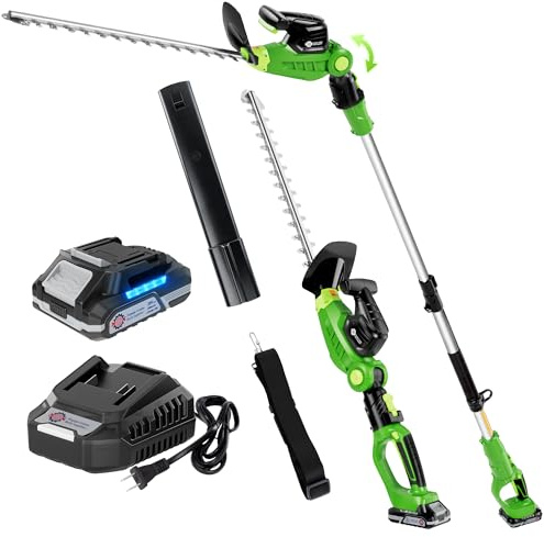 2-in-1 Pole Hedge Trimmer Cordless, Electric Hedge Trimmer with Detachable Telescoping Pole, 8.5-Feet Reach, 20 Dual-Action Laser Blade, 11 Rotating Head, 20V 2.0Ah Battery & Fast Charger Included