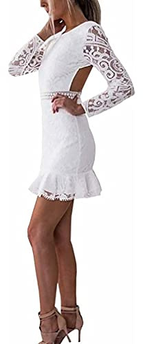 Loalirando Robe Moulante Femme Sexy en Dentelle Dos Nu Manches Longues Transparentes Mini-Robe Slim Blanche