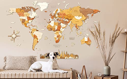 68travel Hölzerne Weltkarte Wanddekoration - mehrschichtig, gebeiztes Holz, eingravierte Namen - einzigartiger 3D-Effekt - für Wohnzimmer, Büro und Schlafzimmer (XL (200x125 cm) - Explorer)
