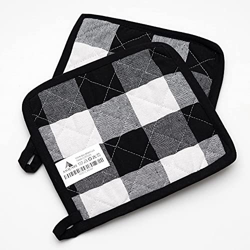 Topflappen Set - 2X Praktische Topflappen Karo - Ökologische Topf Lappen aus 100% Baumwolle - Kitchen Pot Holders - Kochlappen in Schwarz Weiß 20x20cm