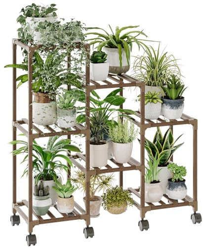 Bamworld Soporte para Plantas con ruedas de Interior Soporte para Plantas Decorativo de Madera de Exterior Escalonado de 3 Niveles para Salón, Oficina, Jardín