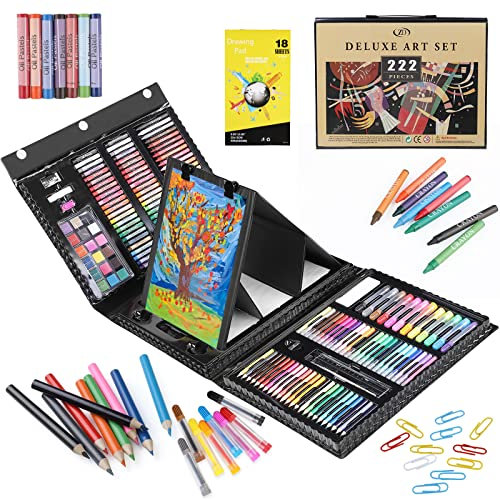 Zezirdas 222 Piezas Set de Pintura, maletin pinturas para niños - Lápices de colores, pasteles, pasteles al óleo, pastel de acuarela, lápices HB, marcadores, Caballete triple, bloc de dibujo
