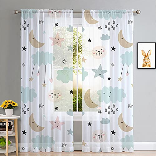 Hiseng 2 Pezzi Tende Voile Trasparente Decorativi Sheer Tenda per Soggiorno Camera Cameretta Balcone Finestra e Interni, Semi Trasparente Tenda Leggera (Nuvole e stelle,140x280cm)