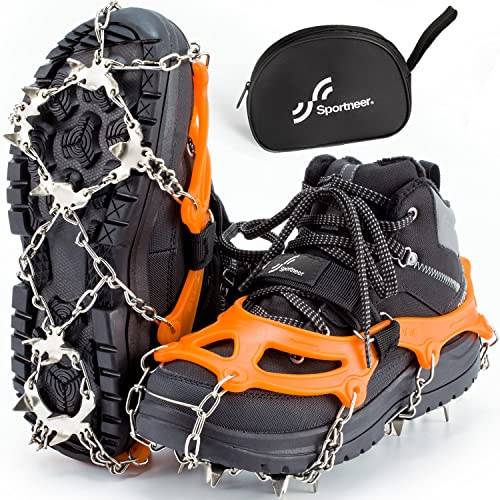 Sportneer Crampones, 19 Dientes Tacos de tracción Nieve y Hielo Tracción para Invierno Deportes Montañismo Escalada Caminar Alpinismo Cámping Acampada Senderismo, Naranja, XL
