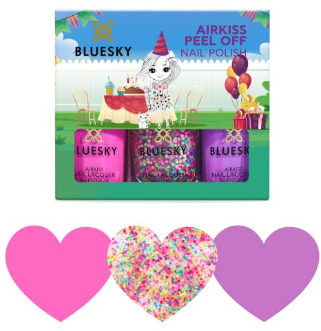 Bluesky Kids Nail Varnish Set - Party Time Collection. Pink,Purple,Confetti Glitter. Easy Peel-off,Non-Toxic,Water- based,Odour-free Nail Polish for Kids,Gift Set,3 x 5ml Stickers kids-party-time