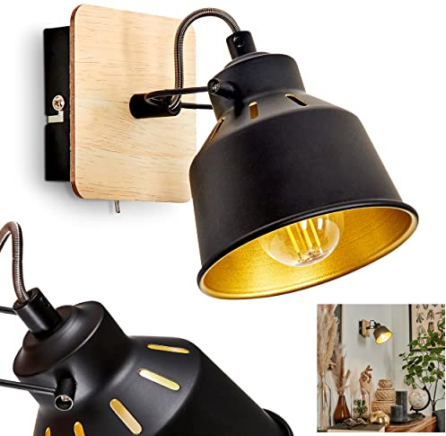 Vägglampa Safari, vägglampa av metall/trä i svart/krom/guld/ljusbrun, justerbar lampa, retro/vintage-design, ljuseffekt och av/på-knapp på höljet, 1-lampa, E14, utan glödlampa