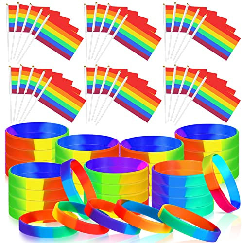Harrycle 60 Stück Gay Pride Zubehör 30 LGBT Gay Stolz Flaggen 30 Regenbogen Sport Silikon Armbänder Gay Armband für Pride Month Festival Parade Regenbogen Party Dekoration Feiern