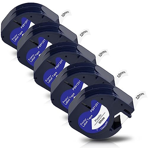 Pristar 5x Schriftband Kompatible für Dynmo Etikettenband 91221 S0721660 Kunststoff Bänder 12mm x 4m 91201 Schwarz auf Weiß Kompatible für Dynmo XR LT-100H LT-100T 200B 80 Beschriftungsgerät