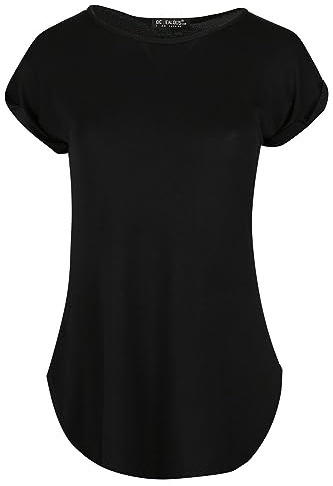 Tease Ladies Curved Hem Jersey Plain Top Womans Round Neck Turn Up Cap Sleeve T Shirt (16, Black)