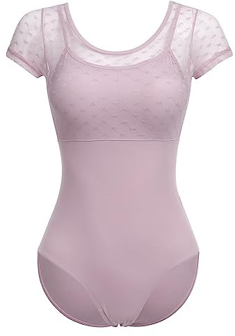 IDOPIP Ballet Leotards for Women Adult Scoop Neck Floral Lace Short Sleeve Dance Leotard with Bra Gymnastics Leotards Dance Ballet Tank Ballerina Costume Dancewear #2 Purple S