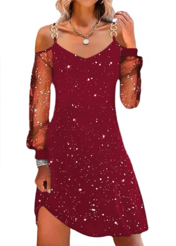 shownicer Femme Robe De Noël à Imprimé Verre à Vin Manche Longue Robe Au Genou Décontractée Robe de Fête de Cocktail B Rouge L