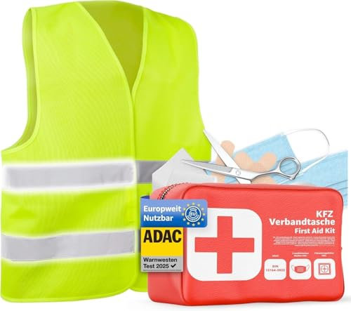 autogadget 3 in 1 - Verbandskasten & Warnweste & Warndreieck - Geprüft & aktuelle Norm - Autozubehör Set 2025 - KFZ Verbandskasten Pkw Set- Auto Erste Hilfe Pannenset & Unfall (3 in 1 Set)
