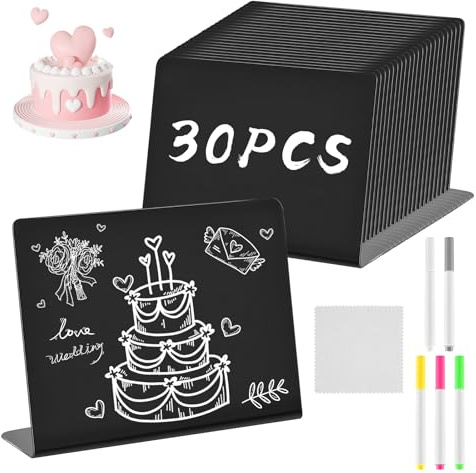 30 Pièces Mini Ardoise de Table, Mini Tableaux Noirs Avec 5 craies et un chiffon, étiquette prix Pour buffet, mariage, fête, café, Boulangerie, Petite Ardoise pour Prix -Taille L