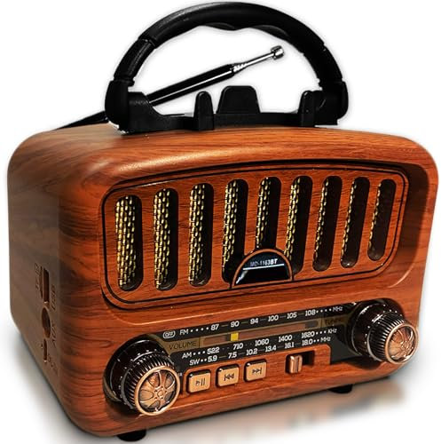 Poste Radio Portable avec Haut-Parleur Bluetooth, AM/FM/SW Petite Radio Vintage avec Haut-Parleur 5W et Bluetooth 5.0, Transistor Radio a Pile avec Fonction USB/TF/AUX (Or)