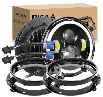 PICAA 2er Set 7-Zoll LED Scheinwerfer für Motorrad mit Montagehalterung, Amber Halo Blinker & Weißem Tagfahrlicht (DRL), Abblend-/Fernlicht – Kompatibel mit Jeep Wrangler JK, TJ, CJ, LJ