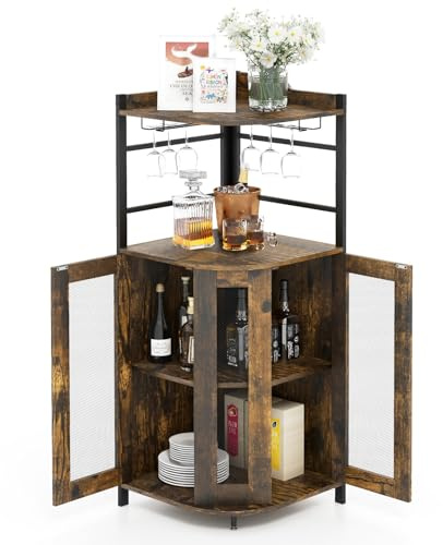 COSTWAY Armario de Esquina de vino con Portavasos de Vidrio, Armario de Vino Industrial con Puertas de Malla Metálica y Estante Ajustable, Buffet con Kit Antivuelco para Cocina Comedor (Marrón Oscuro)