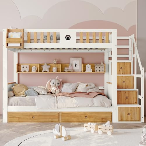 YESGIGA Lit superposé avec escalier, lit pour enfant avec 4 casiers dans l'escalier, avec grille de protection anti-chute et 2 tiroirs, 90 x 200 cm
