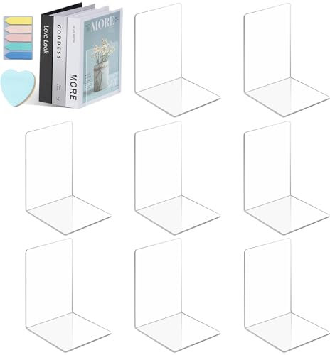 BBWELL 8 Pezzi Fermalibri per Mensole in Acrilico,Fermalibri Acrilici con Foglietti Adesivi e Adesivi Indice,Ferma Libri per Libreria per Scuola,Adatto per Scuola,Ufficio,Biblioteca,Camera da Letto