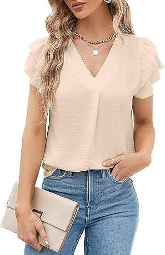 BUNSLOOM Damblus chiffong sommar kortärmad V-ringad puffärmar casual elegant arbetsblus topp kontor arbetskläder