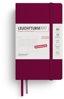 LEUCHTTURM1917 372598 dagkalender ficka (A6) 2026, 12 månader, Port Red, tyska