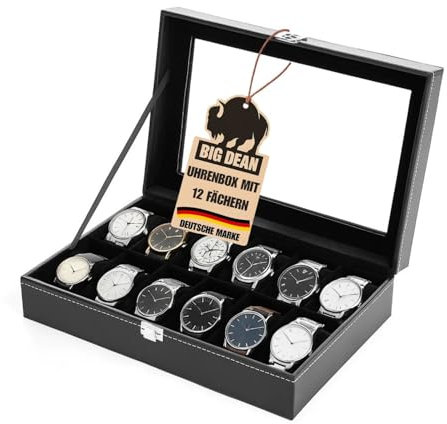 BigDean Uhrenbox für 12 Uhren Glasdeckel - schicke Uhrenbox Herren Watch Box Uhrenaufbewahrung