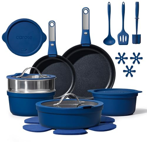 CAROTE 22pcs Pots and Pans Set Non Stick, Nonstick Cookware Set, Dishwasher/Oven/Fridge Safe Pots and Pans, Removable Handle RV Oven Safe Cookware, Induction Kitchen Set, Blue