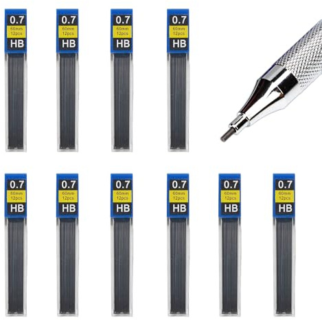 Cyberwork 0.7 mm Mina de Lápiz Mecánico HB, Resistente a la Rottura, Mina Mineral Suave, Paquete de 10 Cajas, 12 Lápices por Caja, Apta para Escribir y Dibujar
