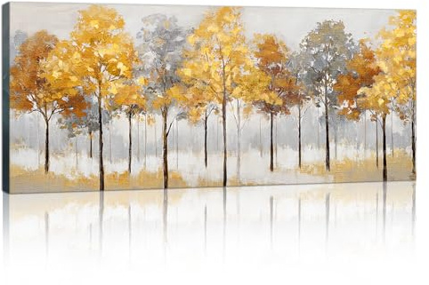 FajerminArt Large Abstract Autumnal Forest Canvas Wall Art Prints, Yellow Grey Trees Wall Paintings Nature Picture for Living Room Bedroom Office Kitchen Decoration Artwork Ready To Hang 50x100cm