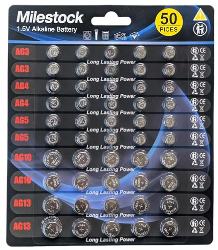 Milestock 50-pcs 1.5V Alkaline Button Cell Battery Assortment AG3 LR41 392, AG4 LR626 377, AG5 LR754 393, AG10 LR1130 389, AG13 LR44 357 Coin Batteries for LED Lights, Musical Books, Watches, RC