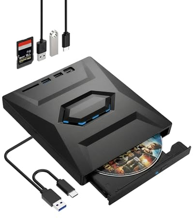 Sanicata Lettore CD DVD Esterno, Alta Velocità USB 3.0 Type C Lettore, Pratico Lettore con Porte USB, Masterizzatore CD DVD Portatile per Laptop MacBook Windows Linux Mac OS Vista