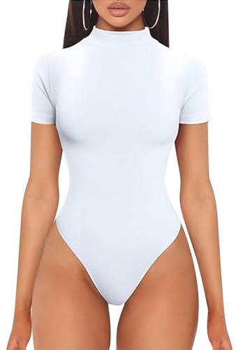 HTTDSLF Body de Mujer Blanco Camisetas Bodysuit Body de Manga Corta para Mujer, Elegante Bodysuit de Cuello Redondo, Tops Sexy para Deporte