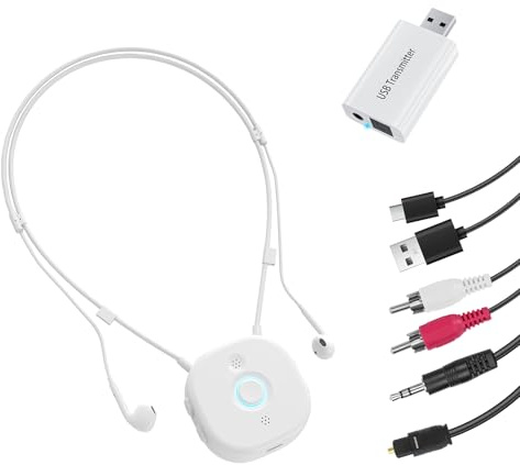Auriculares Inalámbrico Independiente del Volumen L/R, Auriculares Semi-Intraauriculares con Cable Alrededor del Cuello, Con Transmisor USB para TVs, Teclas Grandes para Personas Mayores, Blanco
