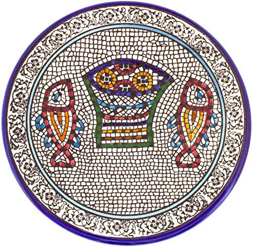 Piatto Armeno in Ceramica Decorata, Pane e Mosaico Pesci, 21 cm