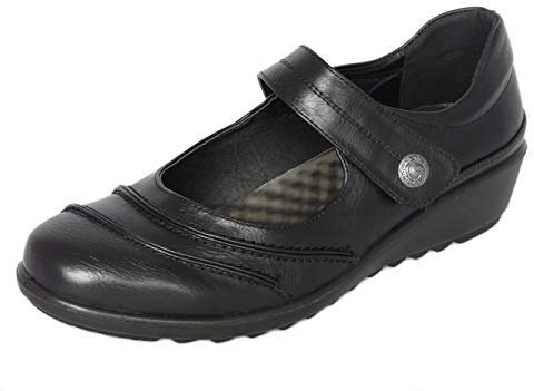 Cushion Walk Women's Ladies EEE Extra Wide Fit Mary Jane Bar Shoes, Lightweight Black Faux Leather Low Wedge Flats, Casual Work Office Nurse Comfort Shoes (Black, 4)