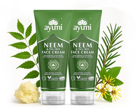 Ayumi Neem & Tea Tree Face Cream | Acne Cream with Witch Hazel | Oily Skin Moisturiser with Rosemary Oil | MoisturisingCream with Organic Shea Butter | Face Moisturiser for Men & Women | 2 x 100 ml
