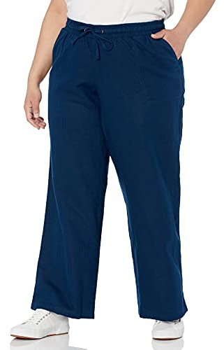 Amazon Essentials Pantaloni a Gamba Larga con Coulisse in Misto Lino dalla Vestibilità Comoda (Disponibili in Taglie Forti) Donna, Blu Scuro, 3XL Plus