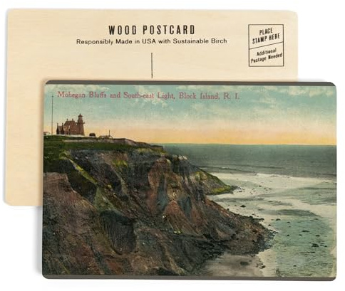 Block Island, RI, View of Mohegan Bluffs and Southeast Lighthouse (4x6 Birch Wood Postcards, 2-Pack Stationary, Rustic Home Wall Decor)