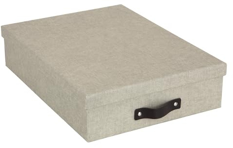 Bigso Box of Sweden Caja de almacenaje con tapa para folios A4, folletos, etc. – Organizador de documentos con asa – Organizador de escritorio de tablero de fibras y papel con aspecto de lino – beige