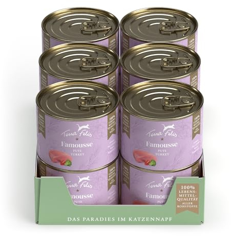 Terra Felis Tacchino - Famousse Cibo umido, 12x200g I Cibo per gatti premium con materie prime di qualità alimentare al 100% I Prodotto in Germania | Senza zucchero e senza cereali I Alimento completo