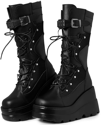 Tscoyuki Damen Goth Plateau-Stiefel, klobiger Keilabsatz, Rave, Kampfstiefel, Schnürschuh und Reißverschluss, runde Zehenpartie, wadenhoch, für Konzerte, Festivals, Schwarz, 38 EU