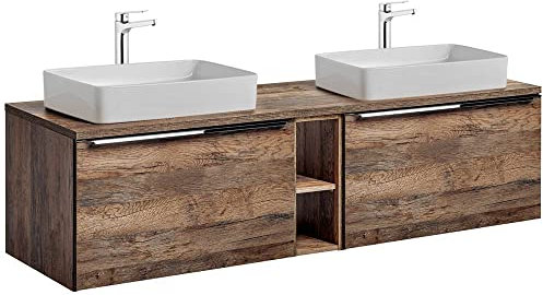 Lomadox Badezimermöbel Doppel Waschtisch Unterschrank Set 180cm, Vintage Oak Eiche Nb, 2 Keramik-Aufsatz Waschbecken, 4 Softclose-Schubkästen, Regal