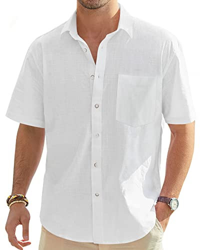 J.VER Mens White Linen Shirts Short Sleeve Summer Lightweight Cotton Regular Fit Casual Holiiday Beach Button Down Shirt with Pocket S