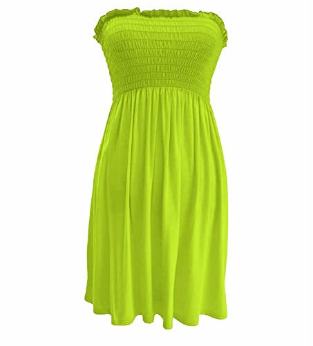 STAR FASHION Women’s Strapless Sheering Ruched Bandeau Dress Plain Boob Tube Sleeveless Midi Dress Summer Holiday Beach Flared Dress Soft Stretch Neon Yellow UK 12-14