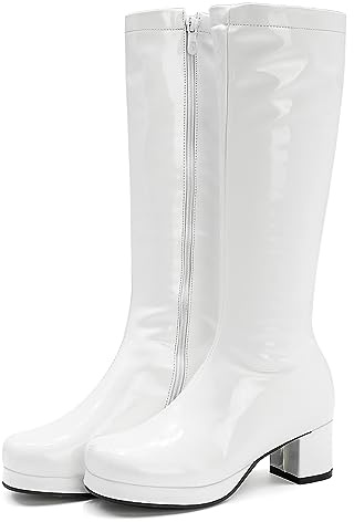 LIPIJIXI White Knee High Boots GoGo Boots of the 70s Round Toe Disco Boots Chunky High Heels Platform Boots Patent Side Zipper Tall Boots Size 40